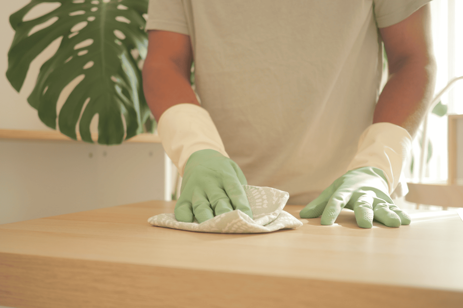 Empleada del hogar limpiando con una buena prevención de riesgos laborales